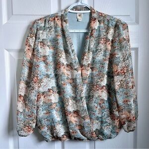 Autres Filles blouse floral v neck long sleeve Women Small top shirt blue summer